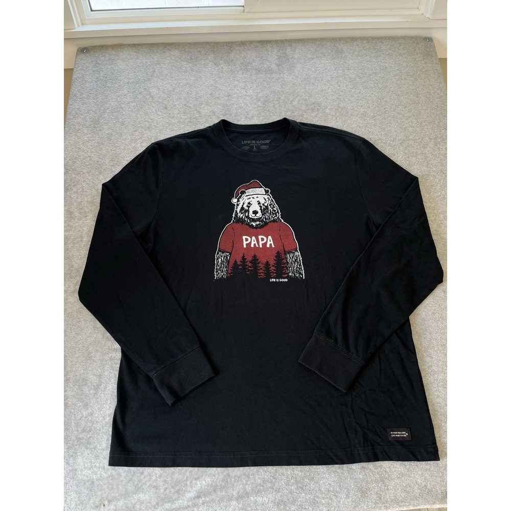 Life is Good Men's NWT Crusher Tee Sz Lg Papa Santa Bear Black Long‎ Sleeve Tee